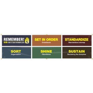 Accuform Signs MBR974 Reinforced Vinyl 5S Workplace Banner "REMEMBER 5S FOR A LEAN WORKPLACE SET IN ORDER, STANDARDIZE, SORT, SHINE, SUSTAIN" with Metal Grommets, 28" Width x 8' Length Industrial Warning Signs Industrial & Scient