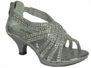 Angel 41K Little Girls Rhinestone Heel Platform Dress Sandals Silver Shoes