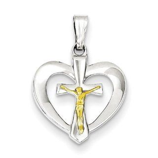 Sterling Silver Polished Heart With Vermeil Crucifix Pendant, Best Quality Free Gift Box Satisfaction Guaranteed Jewelry