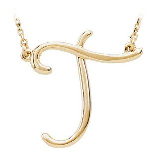 Script Initial Necklace in 14 Karat Yellow Gold, Letter T Pendant Necklaces Jewelry