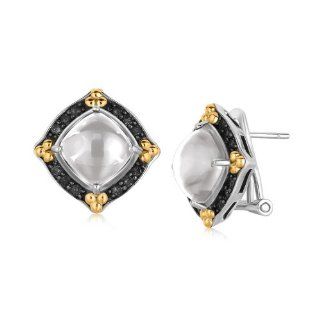 18k Yellow Gold and Sterling Silver Fancy Rock Crystal Cabochon Earrings with Black Sapphires Jewelry