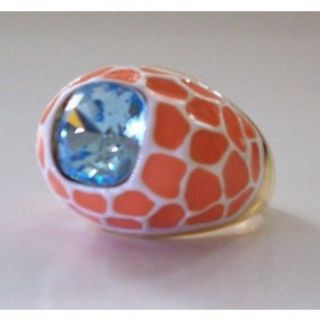Kenneth Jay Lane White/Orange Coral Enamel Dome Ring w/Aqua Center Stone (One Size, White/Orange/Aqua/Gold) Apparel Accessories Clothing