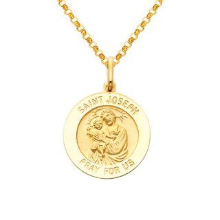 14K Yellow Gold Religious Saint Joseph Medal Charm Pendant with Yellow Gold 1.6mm Classic Rolo Cable Chain Necklace with Lobster Claw Clasp   Pendant Necklace Combination (Different Chain Lengths Available) The World Jewelry Center Jewelry