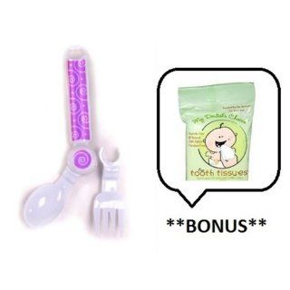 Learn 'N' Turn Awarding Winning Adjustable Bendable Spoon and Fork Utensils (Color Purple) with **BONUS** Tooth Tissues Sample  Baby Eating Utensils  Baby