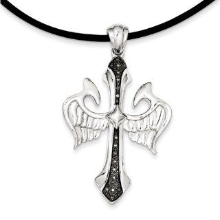 Sterling Silver Diamond Black Rhodium Plated Cross & Wings Pendant Jewelry