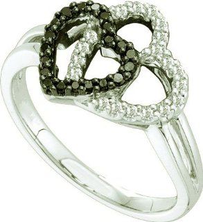 0.27 Carat (ctw) 14k White Gold Round Black & White Diamond Ladies Double Heart Promise Ring Jewelry