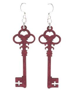 Burgundy Skeleton Key Wood Earrings Dangle Earrings Jewelry