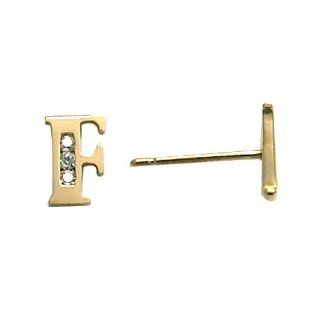 14K Yellow Gold CZ Initial F Stud Earrings Letter F Gold Studs Jewelry