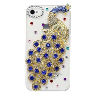Green Fashion Handmade Luxury Bling Crystals Rhinestones 3d Blue Peacock Protector Case for Iphone 4 & 4s Cell Phones & Accessories