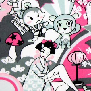 Trans Pacific Japanese Kawaii Anime Geisha Pink & Gray Fabric by the Yard