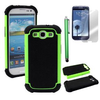 Hard Plastic Snap on Cover Fits Samsung i747 L710 T999 i535 R530 i9300 Galaxy S III Green Black TUFF Hybrid (Outside Hard Green Cover, Inside Black Soft Silicone Skin) +Green Pen/Stylus+Front and Back LCD Screen Protective Films AT&T Cell Phones &