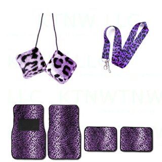 A Set of 6 Piece Animal Print Front and Back Floor Mats, Hanging Dice and Lanyard Key Chain   Leopard Purple   Leopard Purple Automotive