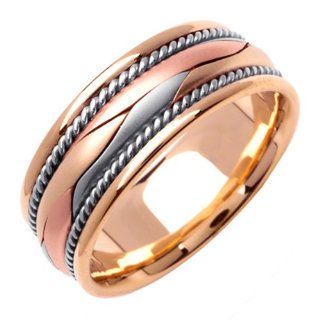 14K Tri Color Gold Women's Braided Rope Edge Wedding Band (8mm) Jewelry