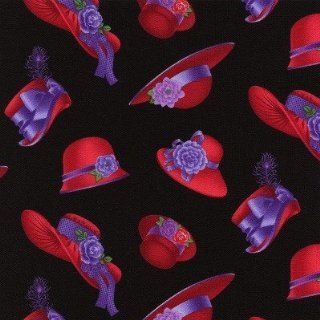 Red Hats quilt fabric by Timeless Treasures, Red hats with purple ribbons tossed on black