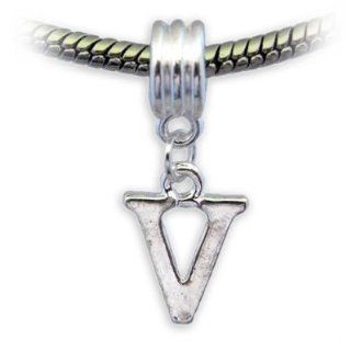 Stylish Silver Plated Letter V Dangle Charm by Divine Beads  Simply Slides on Slides Off Your Bracelets and necklaces. Fits Pandora, Biagi, Tedora, Chamilia, Bacio, Troll and other European style charms & beads bracelets. Jewelry