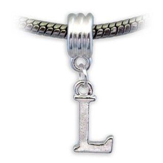 Stylish Silver Plated Letter L Dangle Charm by Divine Beads  Simply Slides on Slides Off Your Bracelets and necklaces. Fits Pandora, Biagi, Tedora, Chamilia, Bacio, Troll and other European style charms & beads bracelets. Jewelry