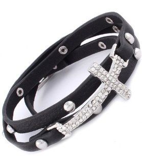 Faux Leather Wrap able Crystal Studs Cross Bracelet [Black]   23" (L) x 0.24"(W)  Other Products  