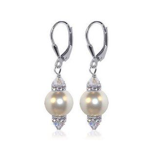 SCER155 Sterling Silver Leverback 1.5" Long Drop Earrings Made with Swarovski Elements 10mm White Faux Pearl and Crystal Jewelry