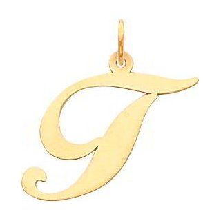 14K Yellow Gold Large Fancy Script Initial T Charm Bead Charms Jewelry