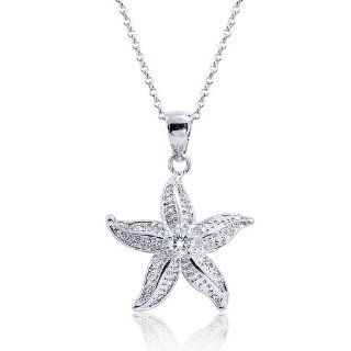 PRJewelry 18k White Gold Plated Cubic Zirconia Starfish Pendant Necklace 16"+ 2" Extender Starfish Nickle Free Jewelry
