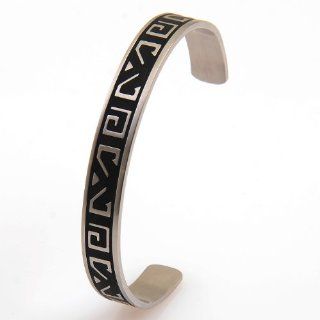 Men's Stainless Steel Silver Bangle Bracelet Cuff with Black or Silver Greek Key Pattern Engraved. Brushed Silver Finish. Trendy Man Christmas or Birthday Gift Idea at a Superb Price. One of Our Best Sellers for its Classic Styling as a Safe Present to