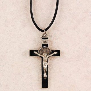 Hand Engraved New England Pewter Medal Enamel St. Benedict Crucifix Medal on a 24" Black Leather Cord. In Addition to the Unconditional Indulgence, a Partial Indulgence Is Given to Anyone Who Will "Wear, Kiss or Hold the Medal Between the Hands w