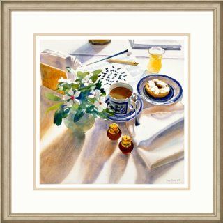Coffee and a Bagel, Framed Giclee Print of Watercolor, Picture of a Still Life Also Including Vinca Flowers, Orange Juice and a Crossword Puzzle, 25 X 25 Inches   Watercolor Paintings