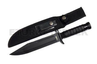 HK 8876B. Survival Knife 14" Overall W/Case & Survival Kit. Black 14" Overall▪ 9" Saw Back All Black Stainless Steel Blade. Comes with a black nylon sheath and inside the handle there are fish hooks, survival line, matches and com