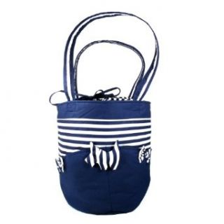 Drawstring Shoulder Bag, Cotton Fabric, Striped Dark Blue & White, Approximately 17" x 17" x 12"H (Round Bottom Approximately 10" Diameter) Beauty