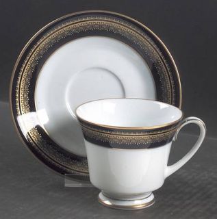Noritake Vienna Footed Cup & Saucer Set, Fine China Dinnerware   Blue Band, Gold