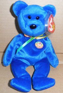 TY Beanie Babies Clubby Bear Stuffed Animal Plush Toy   8 1/2 inches tall   Blue with Rainbow Ribbon and Beanie Babies Official Club Button