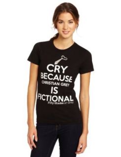 50 Shades of Grey Juniors Cry Because Christian Grey Is Fictional Tee, Black, Small Novelty T Shirts Clothing