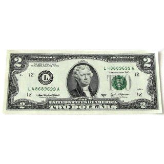 .00 Bill, U.S. Treasury Note, Two Dollars, Thomas Jefferson, Crisp, Clean, Uncirculated Toys & Games