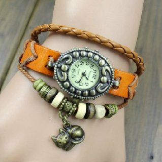 Orange Color Quartz Fashion Weave Wrap Around Leather Bracelet Lady Woman Wrist Watch Toys & Games