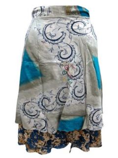 Midi Skirts Vintage Silk Sari Reversible Grey Blue Printed Wrap Around Skirt