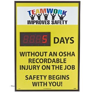 NMC DSB58 Digital Scoreboard, "Teamwork Improves Safety   XXXX Days Without An OSHA Recordable Injury On The Job   Safety Begins With You", 20" Width X 28" Height, 0.085 Polystyrene, Black On Yellow Industrial Warning Signs Industria