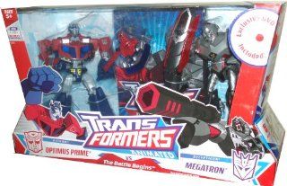 Transformers Animated Series Deluxe Class 2 Pack Set 6 Inch Tall Robot Action Figure   The Battle Begins   Optimus Prime with Double Handed Ion Axe and Megatron with Fusion Cannon that Converts to Sword Toys & Games