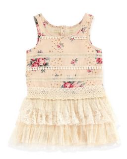 Baby Sara Bow Trimmed Cardigan & Lace Trimmed Rose Print Dress