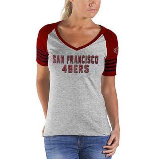 47 Brand San Francisco 49ers Ladies Ballpark Raglan V Neck T Shirt   Ash/Scarlet