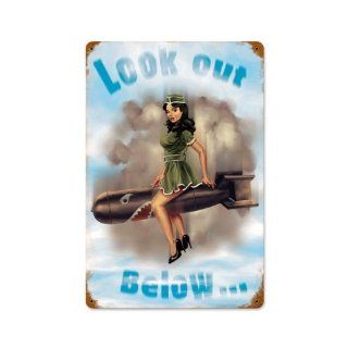 Look Out Below PinUp Girl Military Bomb Vintage Metal Sign 18 X 12 Steel Not Tin   Decorative Signs