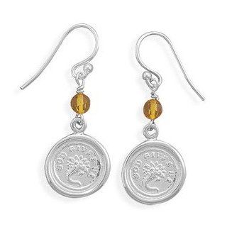 Victorian Wax Seal Sterling Silver Earrings Cornucopia Charm and Amber Bead, Made in the USA Dangle Earrings Jewelry