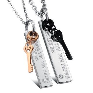 3Aries Fashion Titanium Stainless Steel "Thank You For Being Beside Me" Black Love Key Silver Metal Palted w/ Cz Stone Men Pendant Couple Necklaces Jewelry