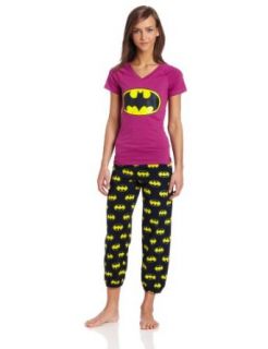 Briefly Stated Women's Batman V Neck And Capri Pant Pajama Set, Purple With Black Print, Medium Clothing