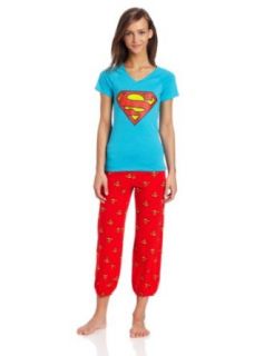 Briefly Stated Women's Superman V Neck And Capri Pant Pajama Set, Blue With Red Print, Small Clothing