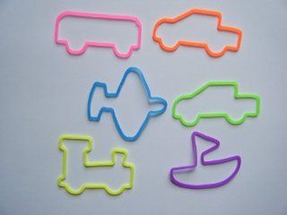 Vehicle Assorted Rubber Band Bracelets 24 Pack. Contains, Trains, Trucks, Airplanes, Sailboats, and Buses. Variety of colors, pink, blue, green, orange, purple and yellow  