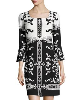 Bell Sleeve Scroll Print Jersey Dress, Black/White