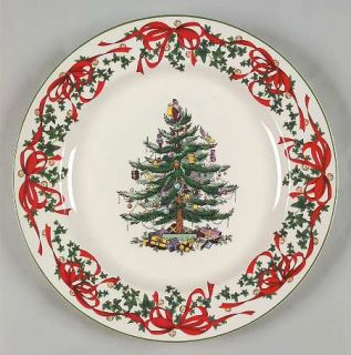 Spode Christmas Tree Green Trim 12 Red Ribbon Buffet Plate, Fine China Dinnerwa