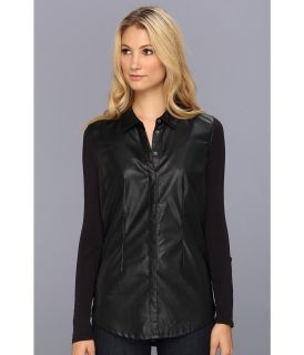 C&C California Faux Leather L/S Button Down Shirt Womens Blouse (Black)