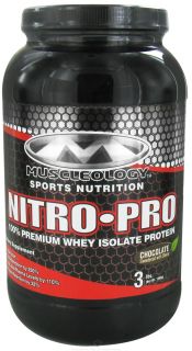 Muscleology   Nitro Pro 100% Premium Whey Isolate Protein Chocolate Sweetened with Stevia   3 lbs.