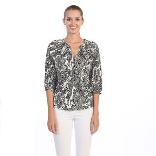 Womens Black And White Paisley Print Henley Top